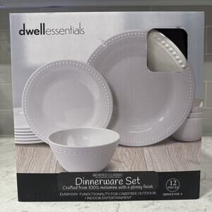 DWELL Boxed Set of 12 BEADED CLASSIC White Melamine Dinnerware Plates Bowls NEW
